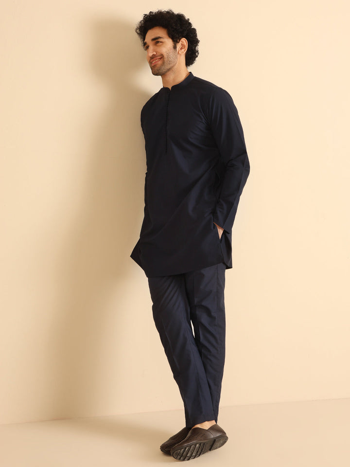 Navy Blue Silk Blend Solid Mid Kurta Trouser Set | SHOBITAM