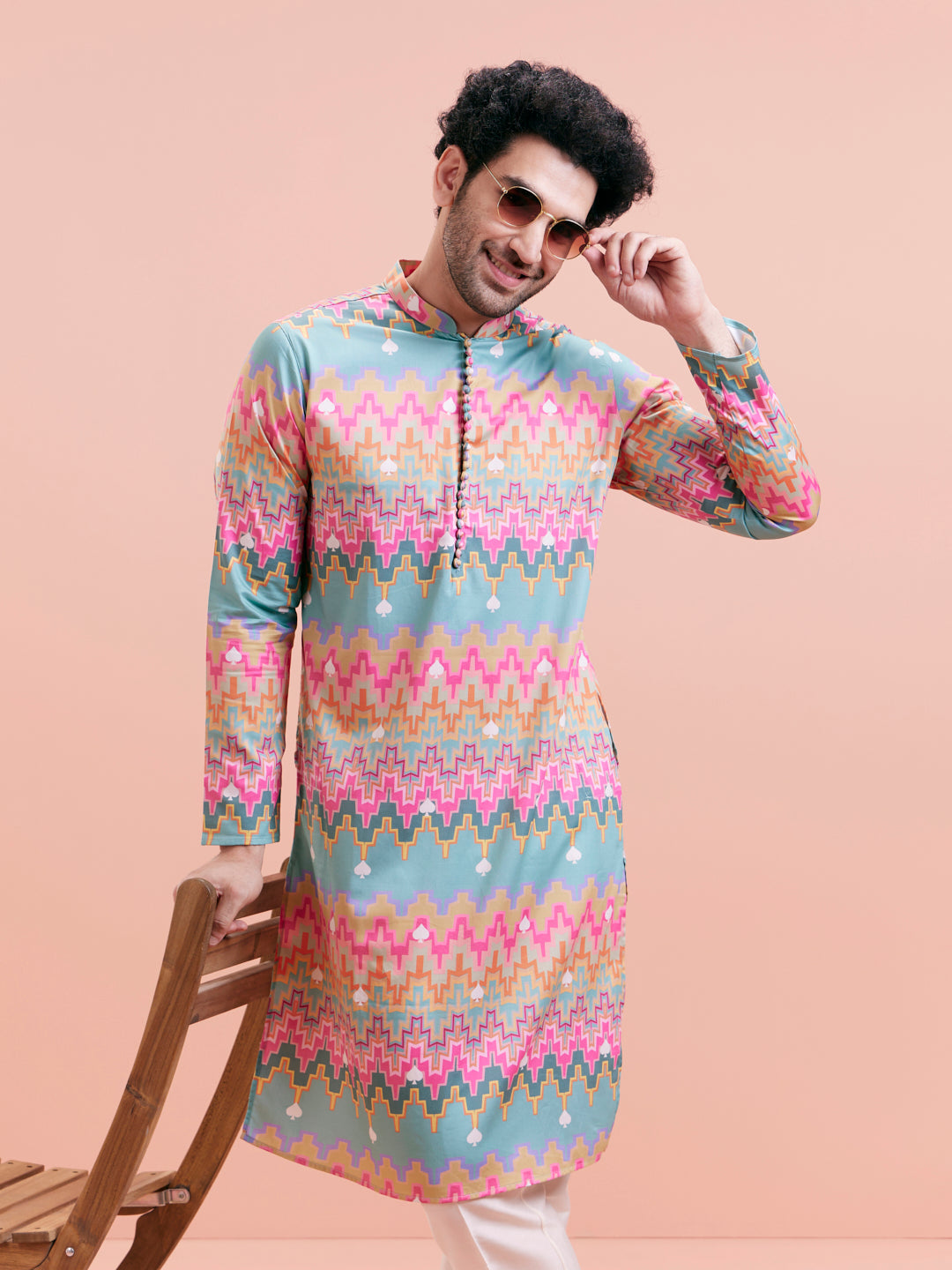 Aqua Blue Multicolor Printed Silk Kurta | SHOBITAM