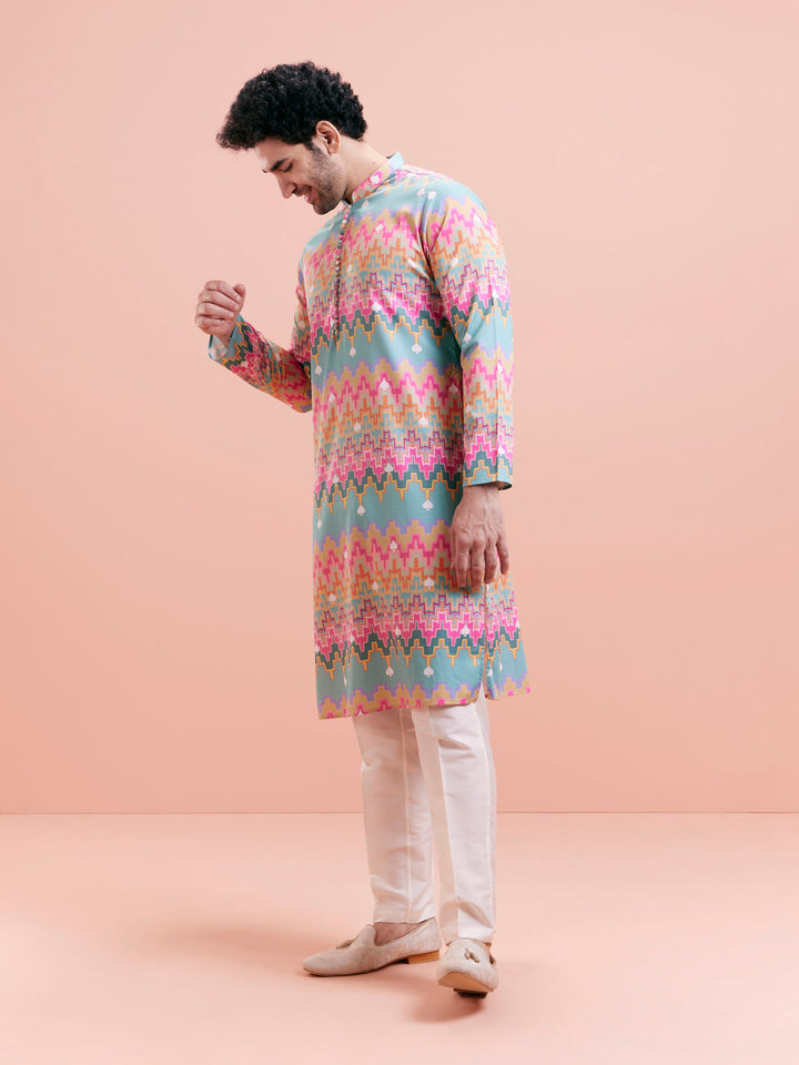 Aqua Blue Multicolor Printed Silk Kurta | SHOBITAM