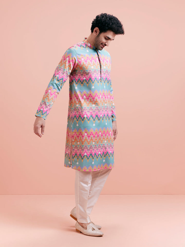 Aqua Blue Multicolor Printed Silk Kurta | SHOBITAM
