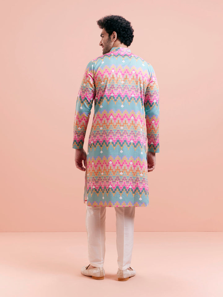 Aqua Blue Multicolor Printed Silk Kurta | SHOBITAM