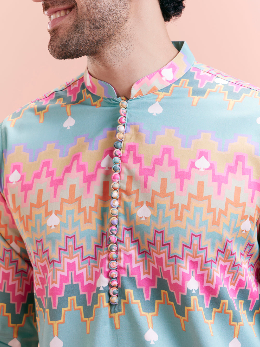 Aqua Blue Multicolor Printed Silk Kurta | SHOBITAM