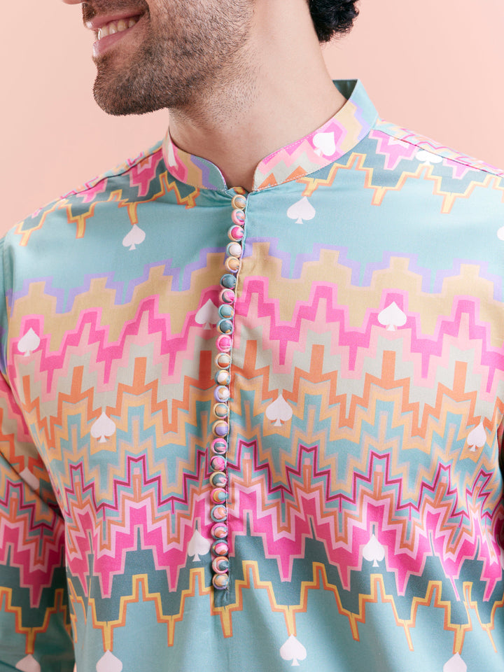 Aqua Blue Multicolor Printed Silk Kurta | SHOBITAM