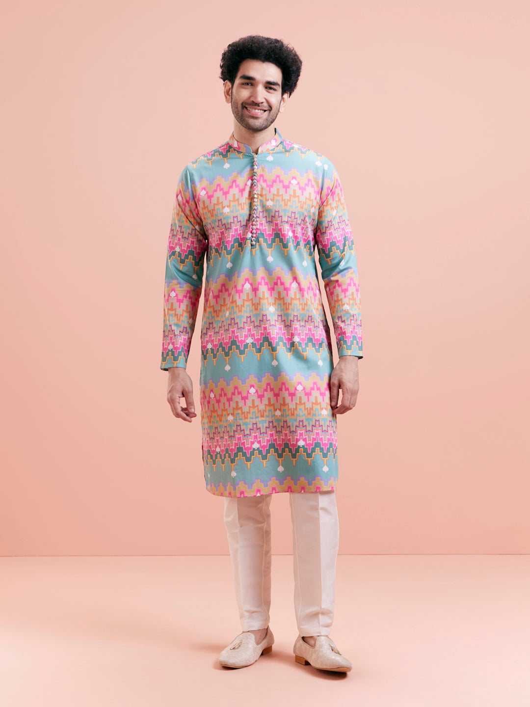 Aqua Blue Multicolor Printed Silk Kurta | SHOBITAM