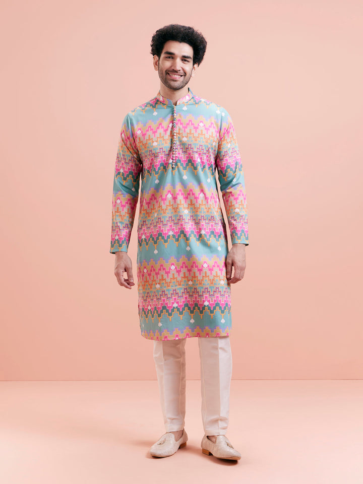 Aqua Blue Multicolor Printed Silk Kurta | SHOBITAM