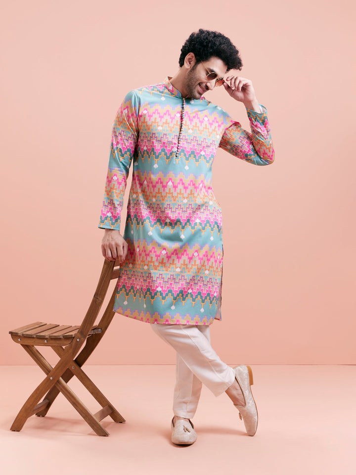 Aqua Blue Multicolor Printed Silk Kurta | SHOBITAM