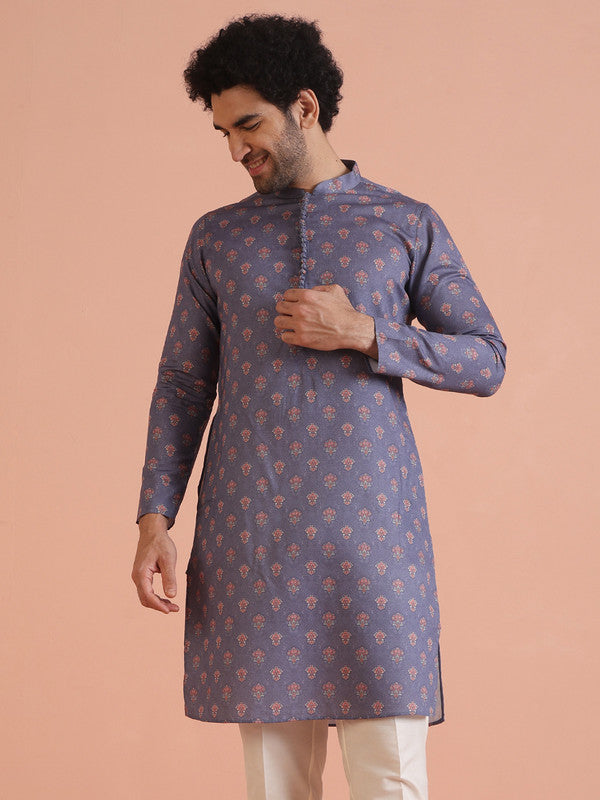 Grey Floral Printed Silk Blend Kurta | SHOBITAM