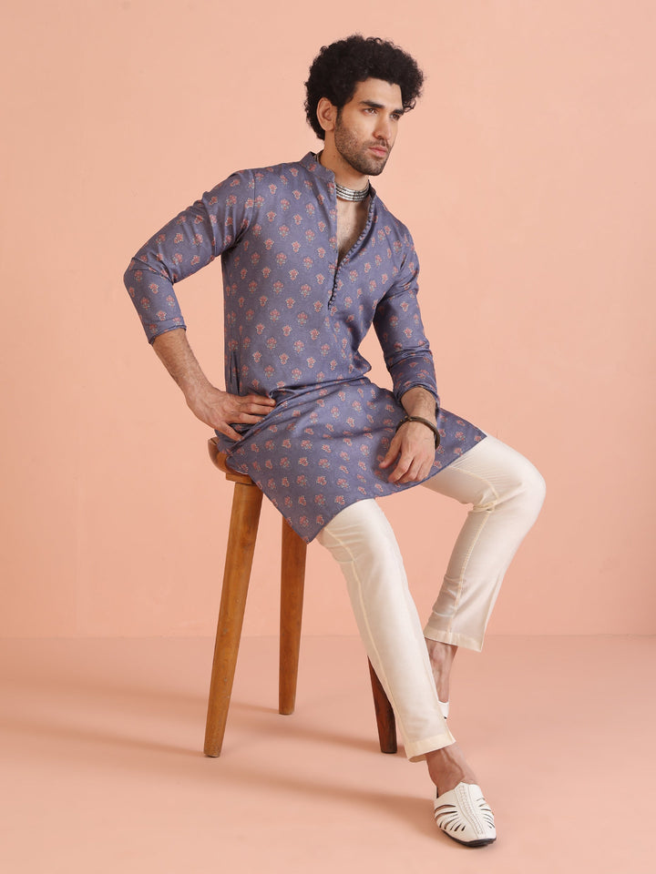 Grey Floral Printed Silk Blend Kurta | SHOBITAM