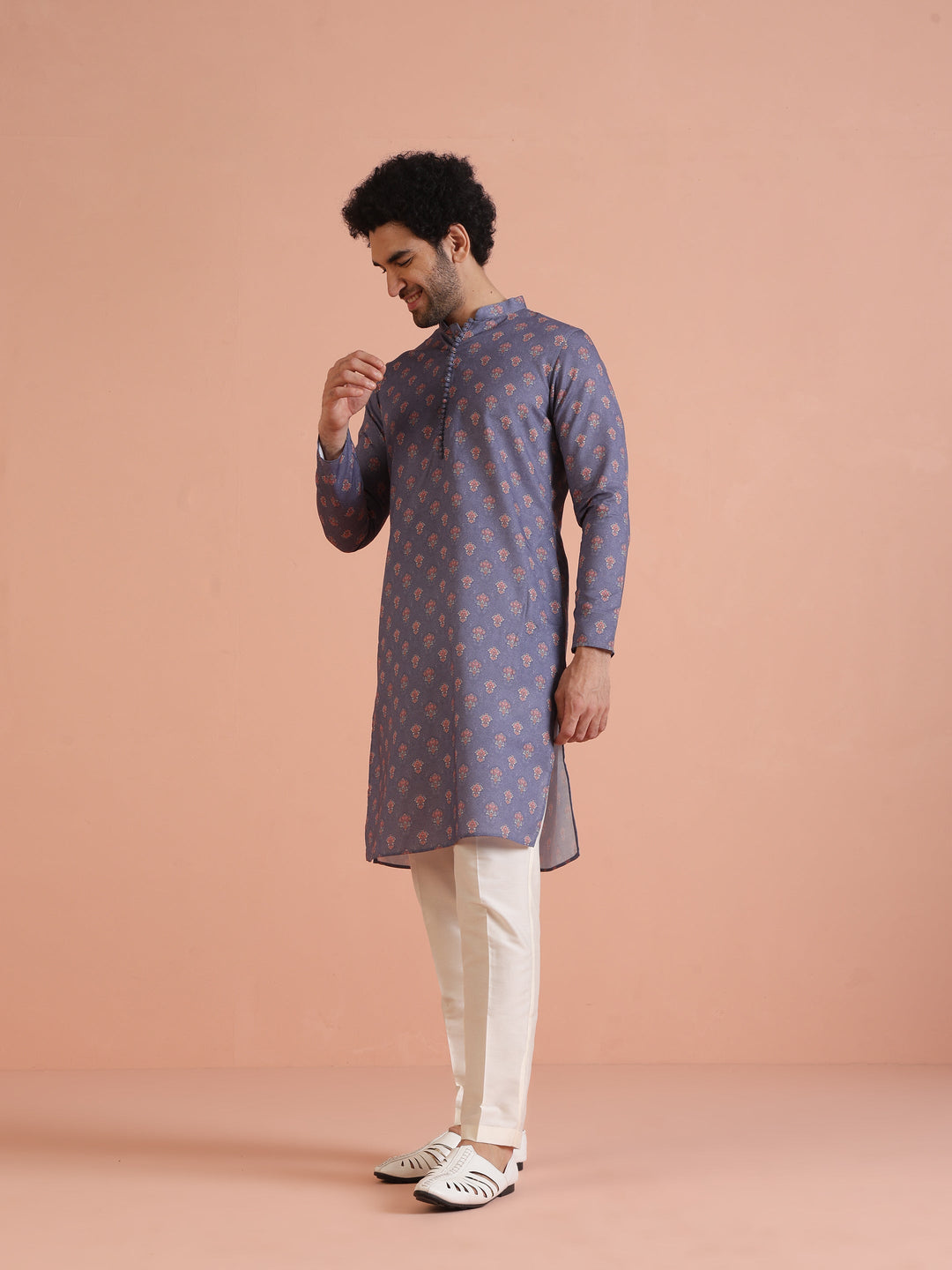 Grey Floral Printed Silk Blend Kurta | SHOBITAM