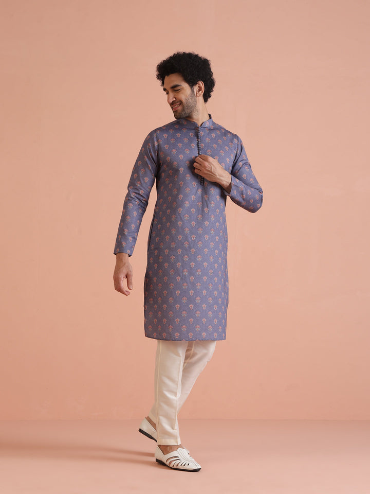 Grey Floral Printed Silk Blend Kurta | SHOBITAM