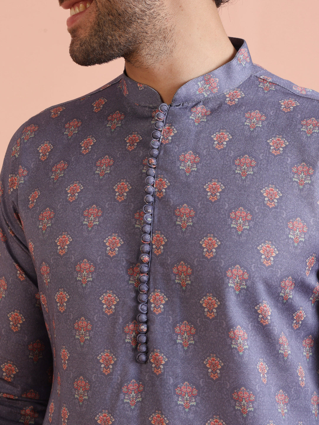 Grey Floral Printed Silk Blend Kurta | SHOBITAM