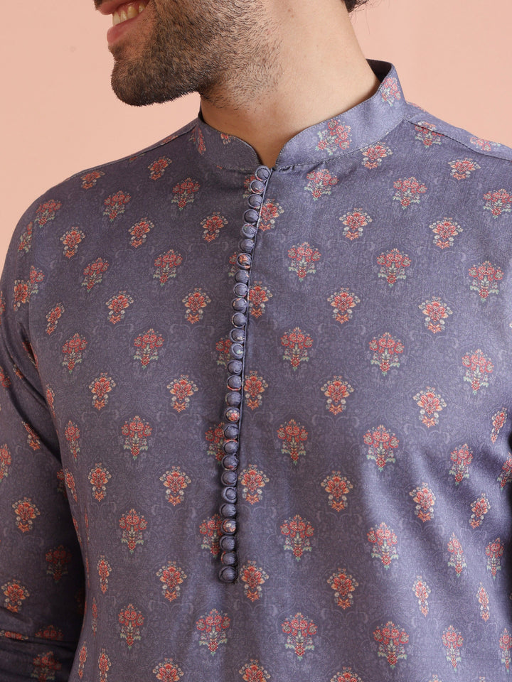 Grey Floral Printed Silk Blend Kurta | SHOBITAM