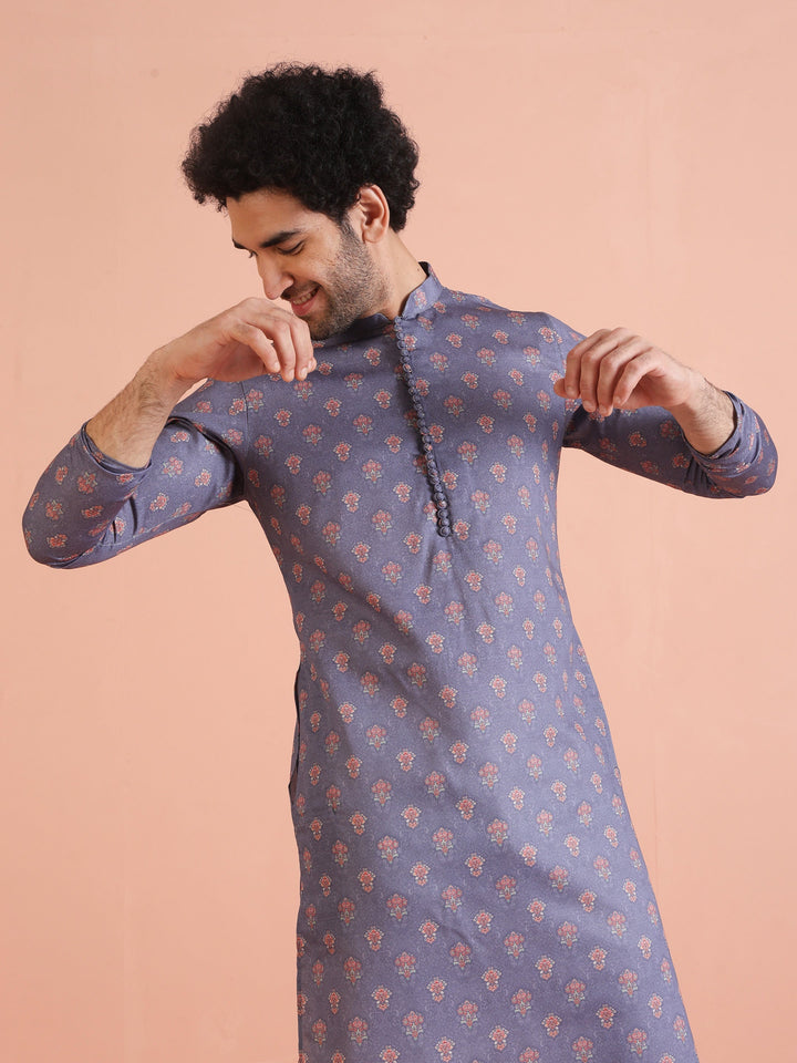Grey Floral Printed Silk Blend Kurta | SHOBITAM