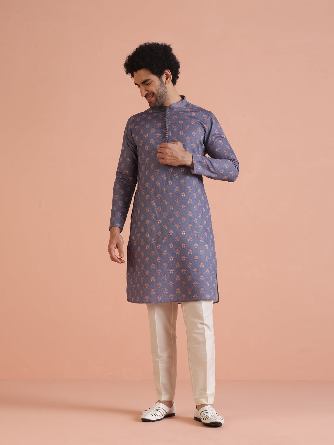Grey Floral Printed Silk Blend Kurta | SHOBITAM