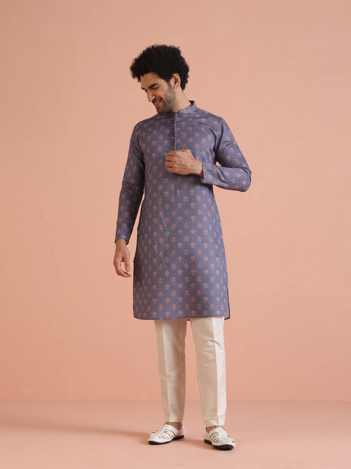 Grey Floral Printed Silk Blend Kurta | SHOBITAM