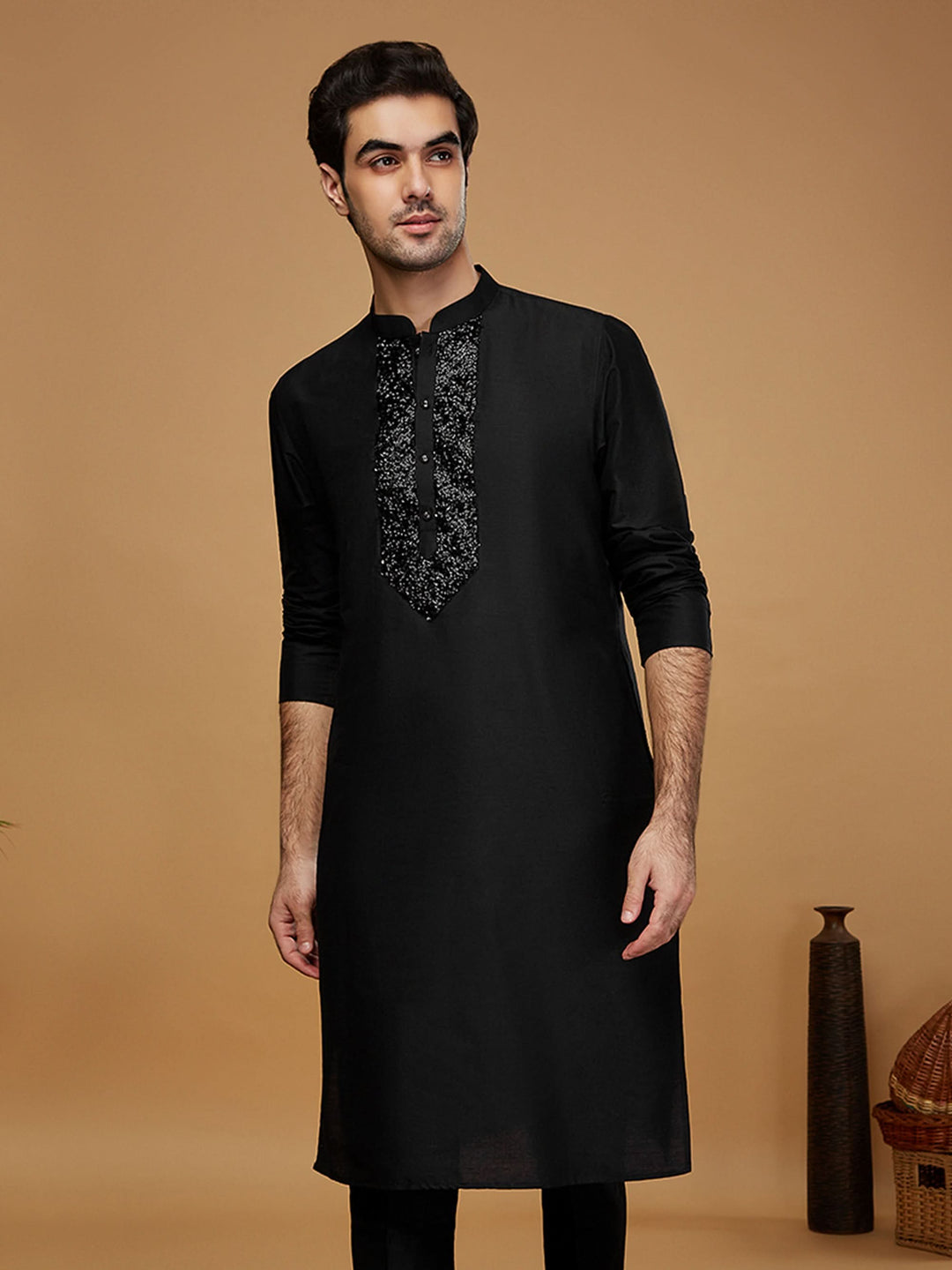 Black Embroidered Silk Blend Kurta | SHOBITAM