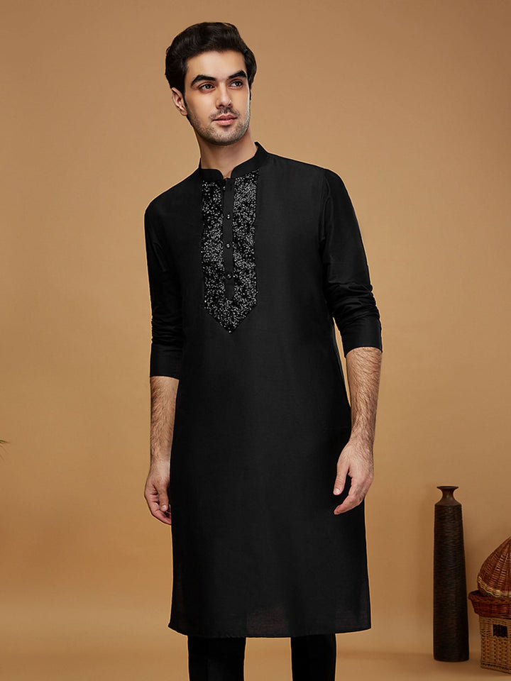 Black Embroidered Silk Blend Kurta | SHOBITAM