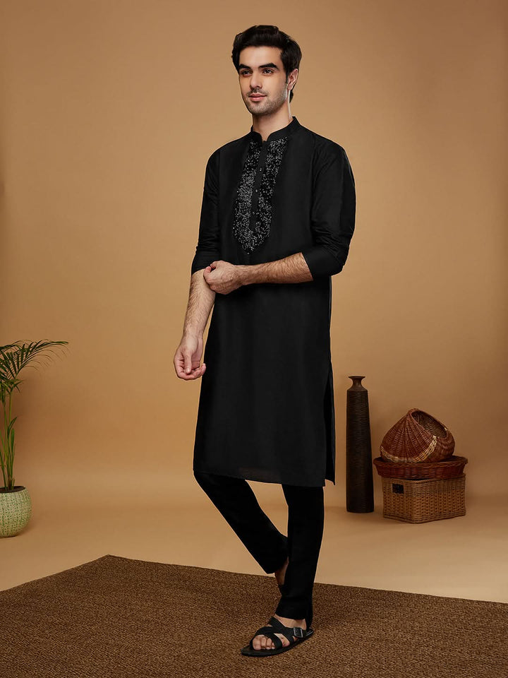 Black Embroidered Silk Blend Kurta | SHOBITAM
