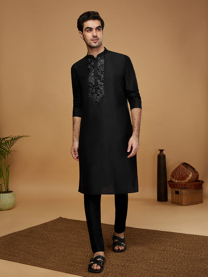Black Embroidered Silk Blend Kurta with Trouser | SHOBITAM