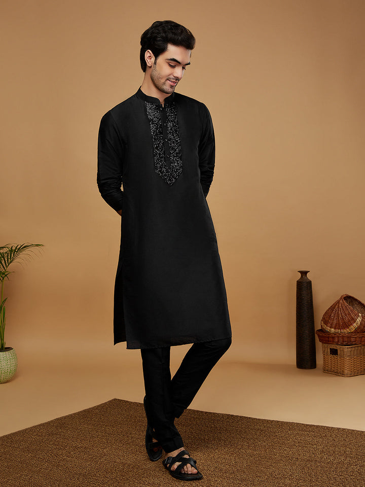 Black Embroidered Silk Blend Kurta with Trouser | SHOBITAM