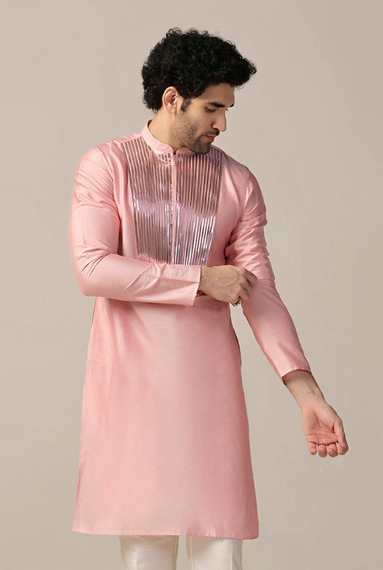 Baby Pink Satin Metallic Panel Kurta | SHOBITAM