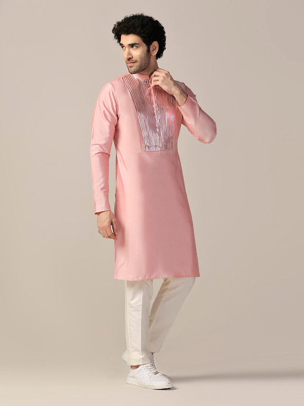 Baby Pink Satin Metallic Panel Kurta | SHOBITAM