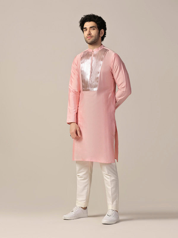 Baby Pink Satin Metallic Panel Kurta | SHOBITAM