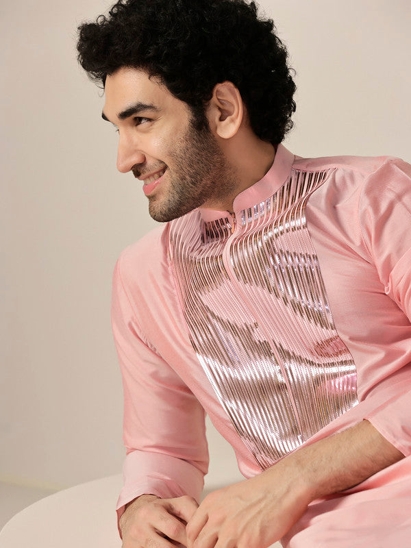 Baby Pink Satin Metallic Panel Kurta | SHOBITAM