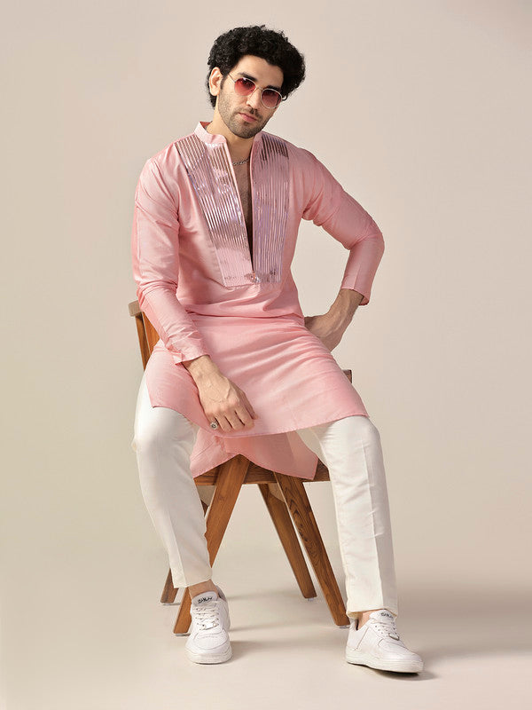 Baby Pink Satin Metallic Panel Kurta | SHOBITAM