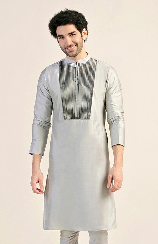 Silver Satin Metallic Panel Kurta | SHOBITAM