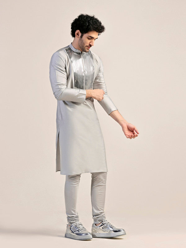 Silver Satin Metallic Panel Kurta | SHOBITAM
