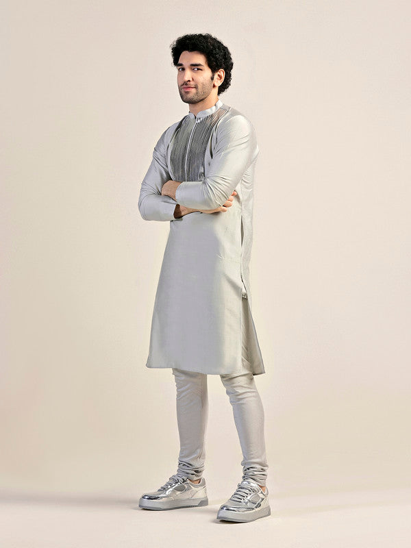 Silver Satin Metallic Panel Kurta | SHOBITAM