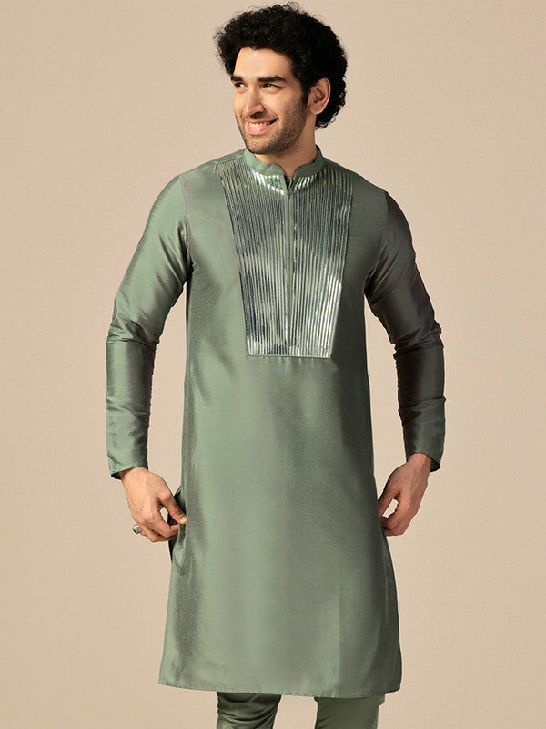 Green Silk Metallic Embellished Long Kurta | SHOBITAM