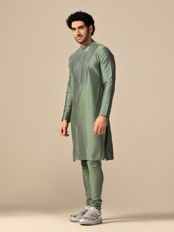 Green Silk Metallic Embellished Long Kurta | SHOBITAM
