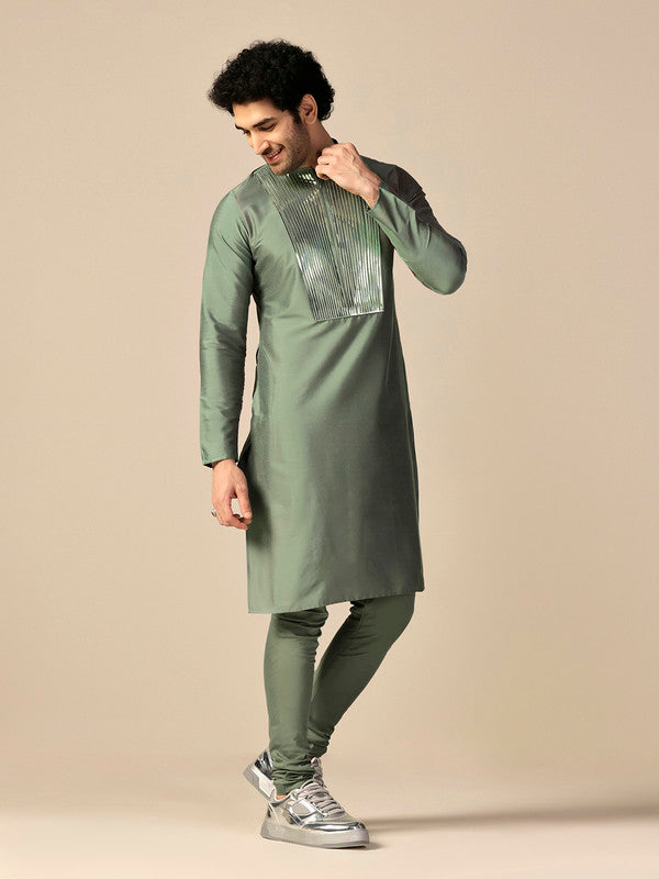Green Silk Metallic Embellished Long Kurta | SHOBITAM