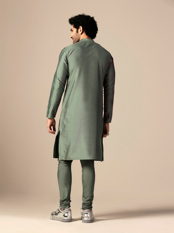 Green Silk Metallic Embellished Long Kurta | SHOBITAM