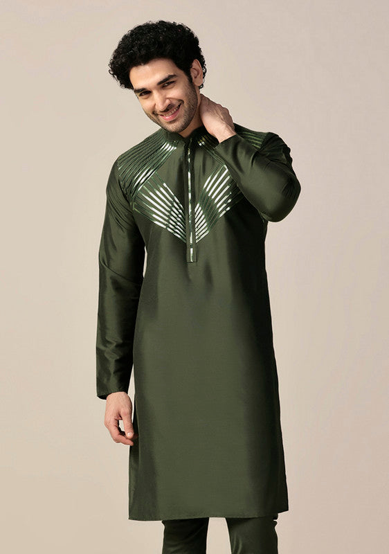 Green Silk Metallic Embellished Long Kurta | SHOBITAM