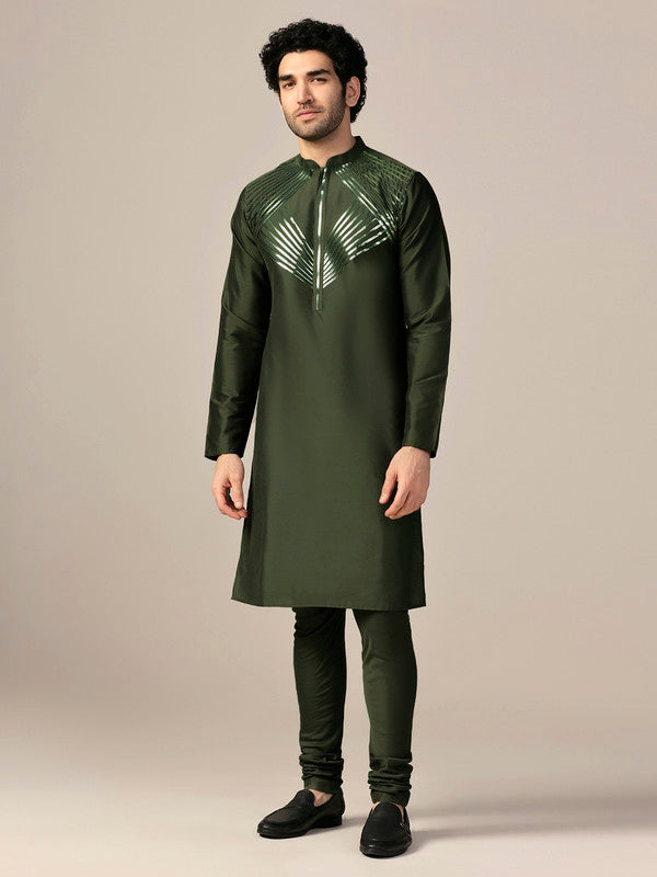 Green Silk Metallic Embellished Long Kurta | SHOBITAM