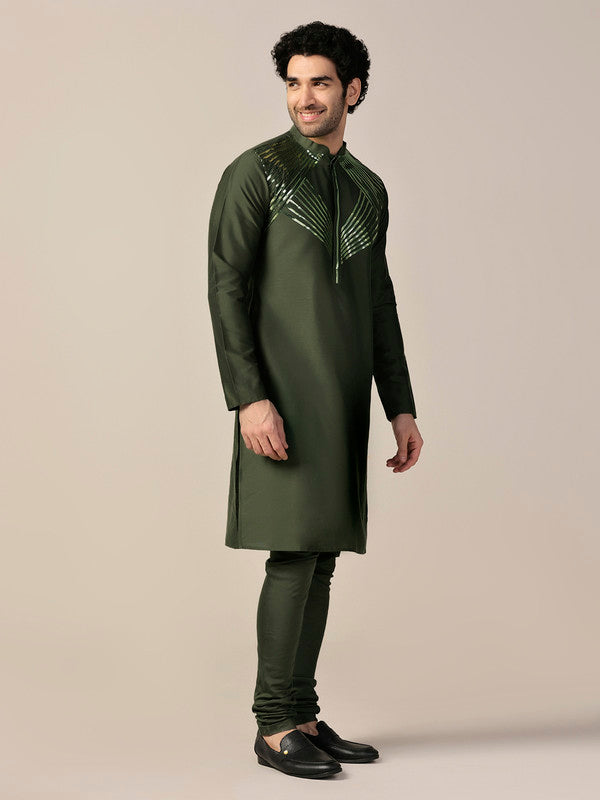 Green Silk Metallic Embellished Long Kurta | SHOBITAM