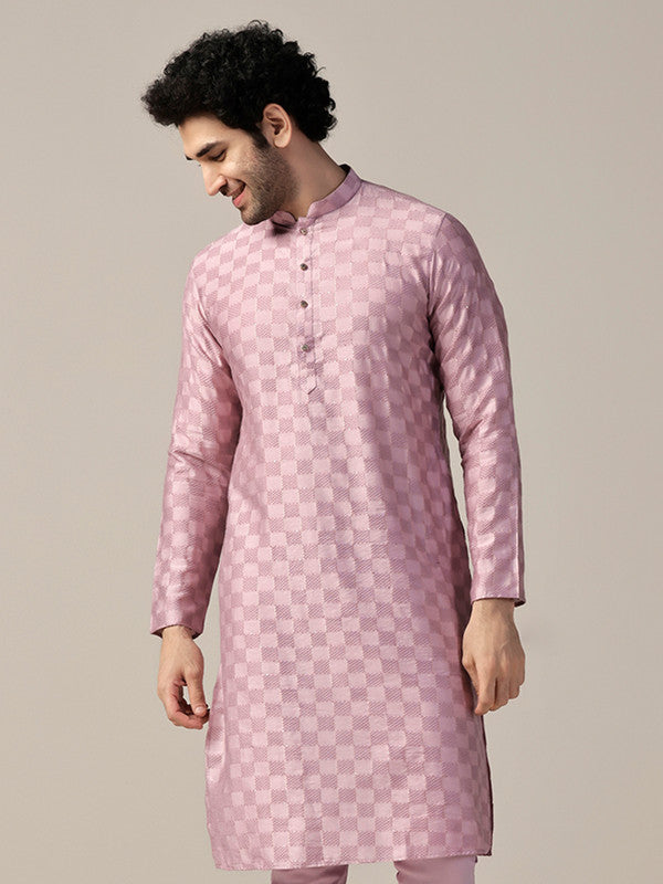 Pink Silk Textured Check Long Kurta | SHOBITAM