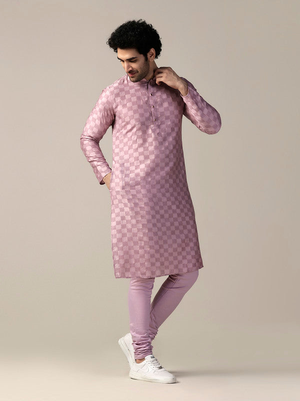 Pink Silk Textured Check Long Kurta | SHOBITAM