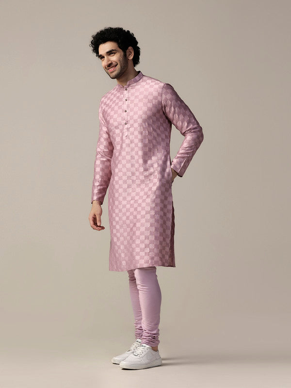 Pink Silk Textured Check Long Kurta | SHOBITAM