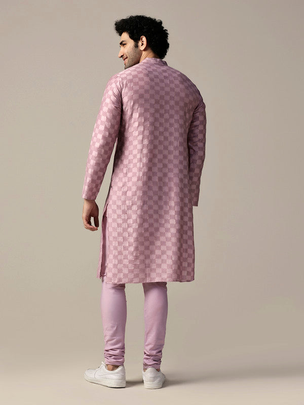 Pink Silk Textured Check Long Kurta | SHOBITAM