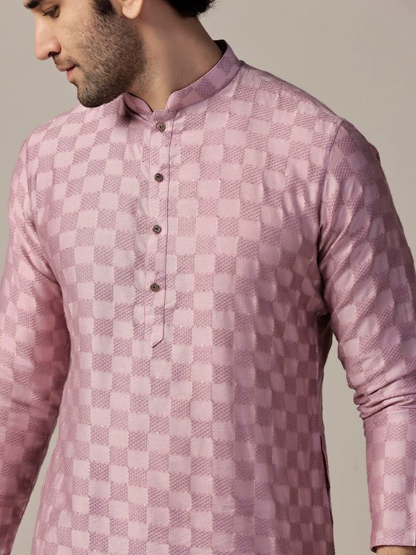 Pink Silk Textured Check Long Kurta | SHOBITAM