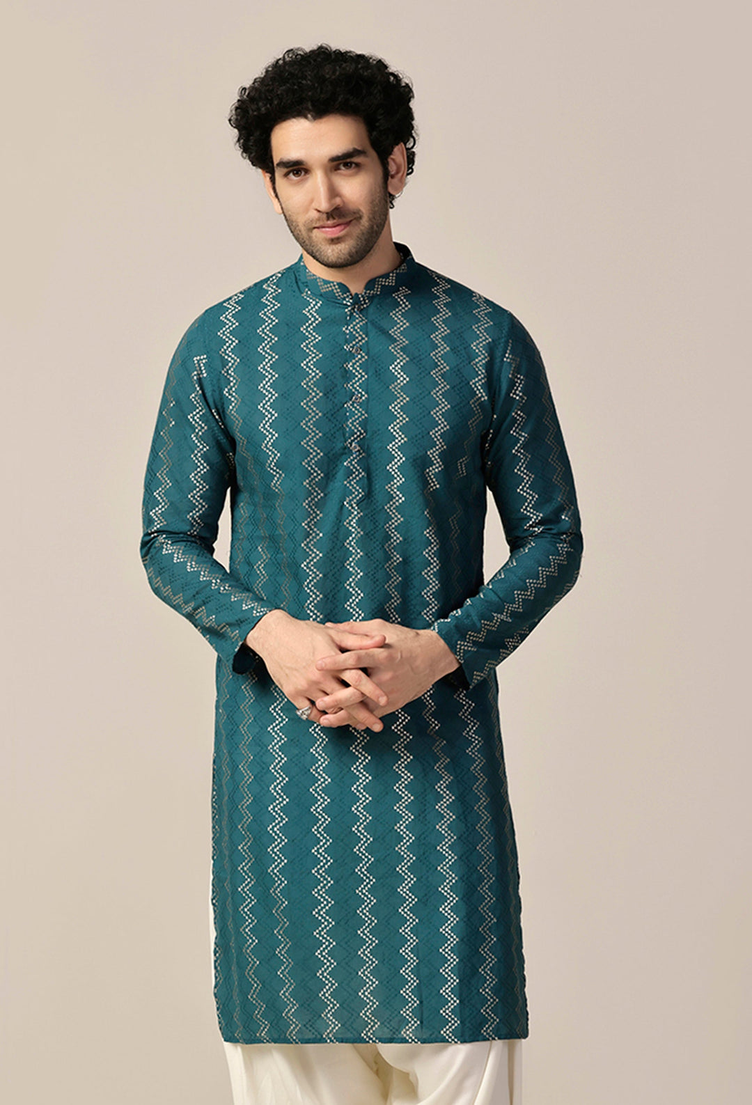 Teal Green Art Silk Geometric Long Kurta | SHOBITAM