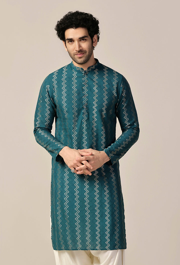 Teal Green Art Silk Geometric Long Kurta | SHOBITAM