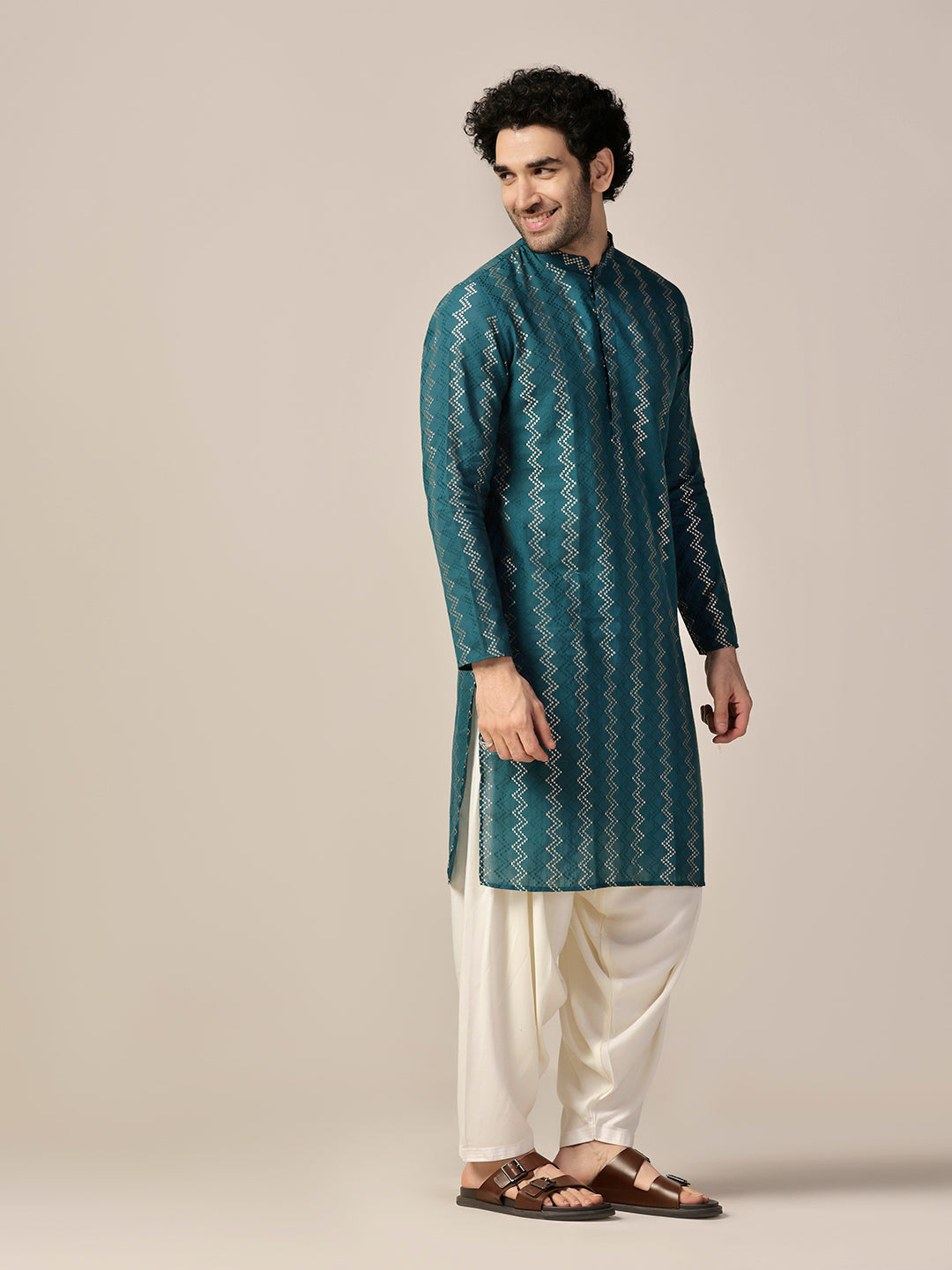 Teal Green Art Silk Geometric Long Kurta | SHOBITAM
