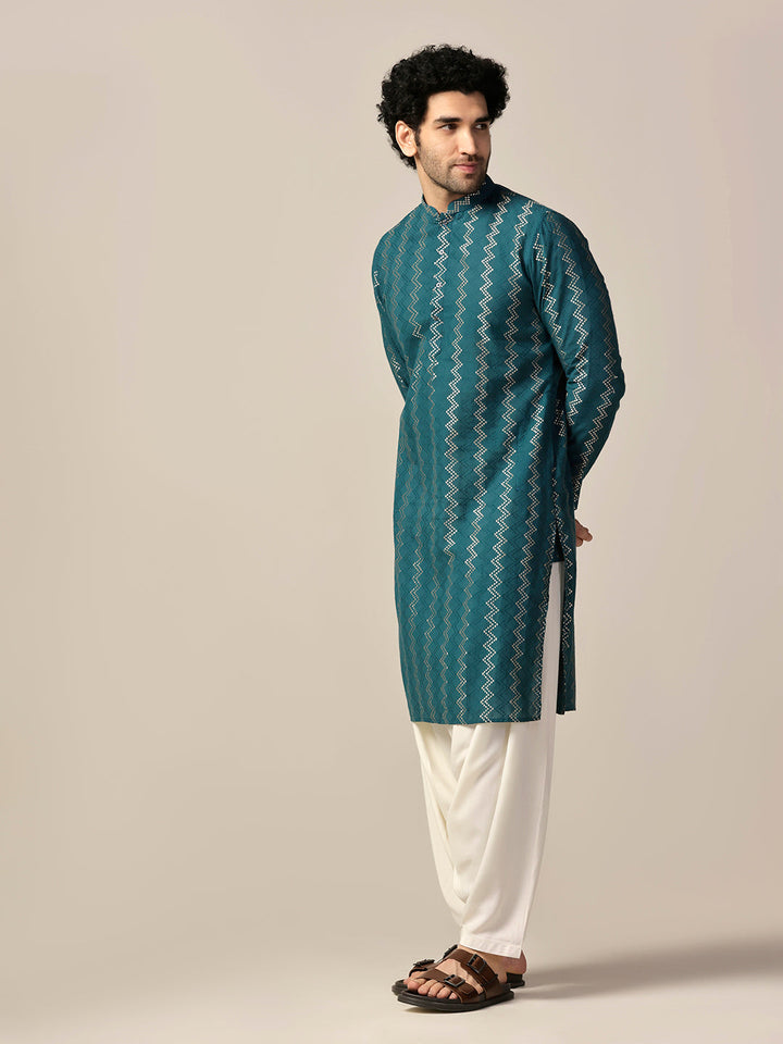 Teal Green Art Silk Geometric Long Kurta | SHOBITAM