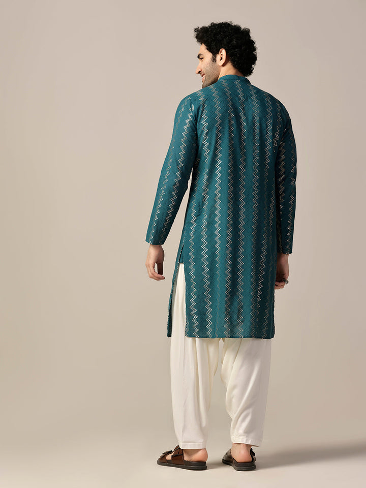 Teal Green Art Silk Geometric Long Kurta | SHOBITAM