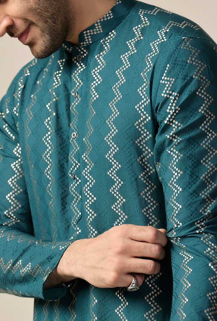 Teal Green Art Silk Geometric Long Kurta | SHOBITAM